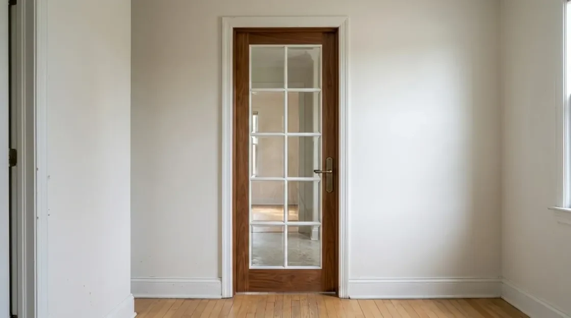 A pair of french glazed doors rendered in an interior opening