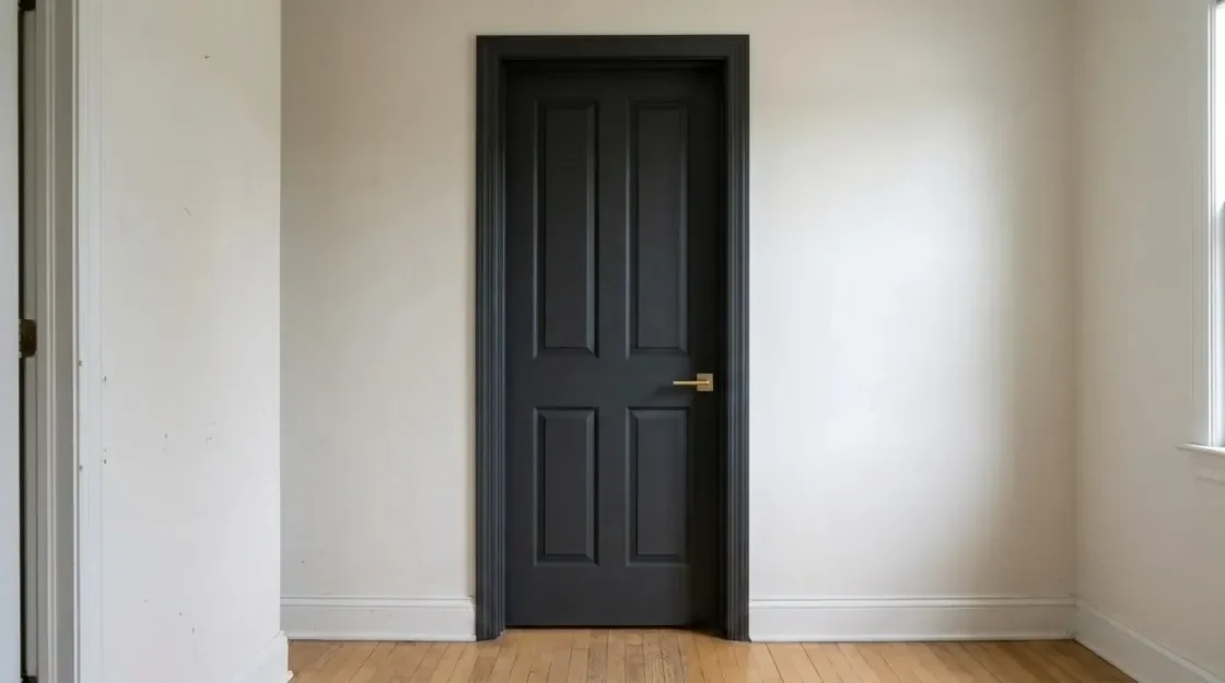 A matte black interior door in the same wall opening as the white shaker door