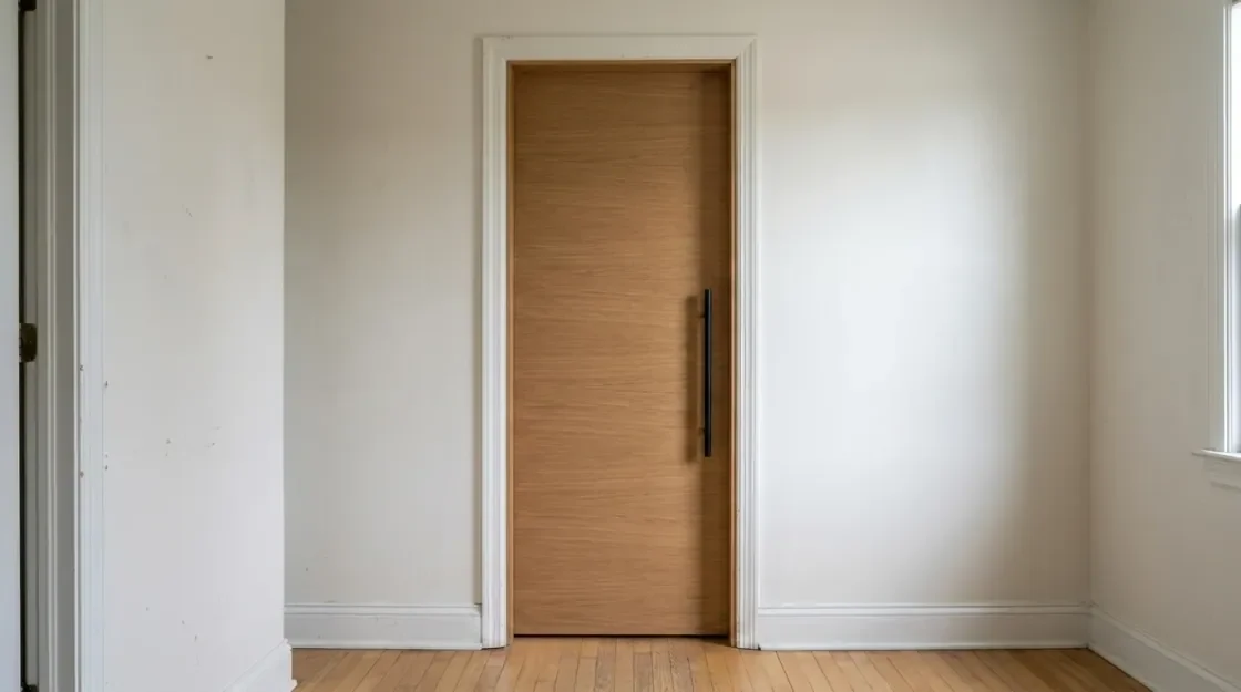 A flush oak interior door with a long black handle set in a white painted casing in a plain room