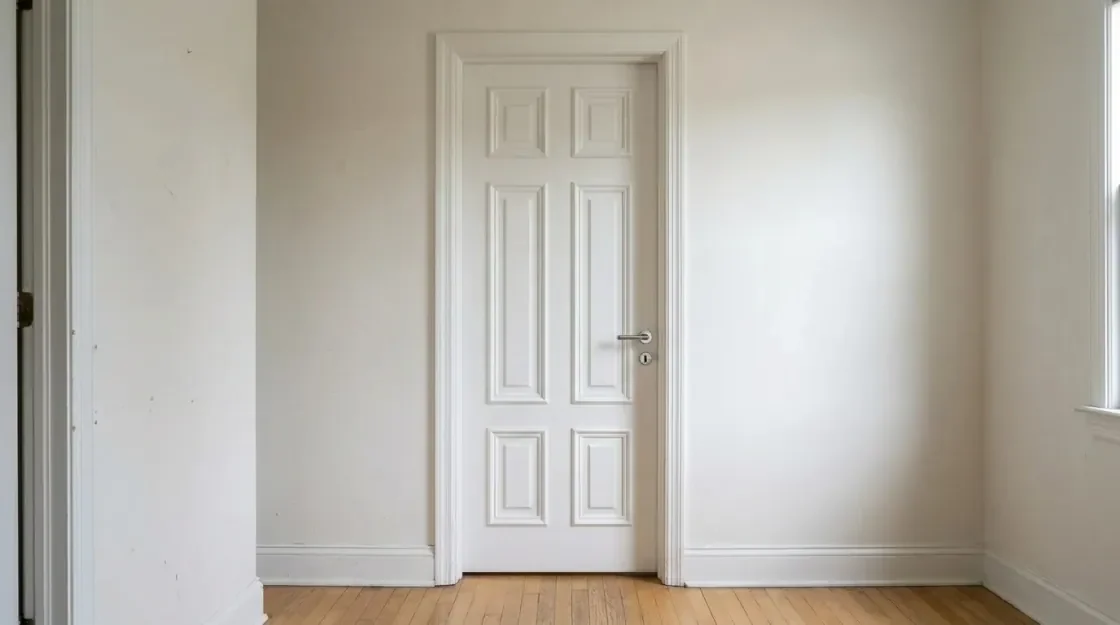 A traditional panelled interior door rendered in the same wall opening as the flush oak door