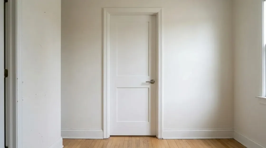 A white shaker style interior door with a black handle in a painted casing