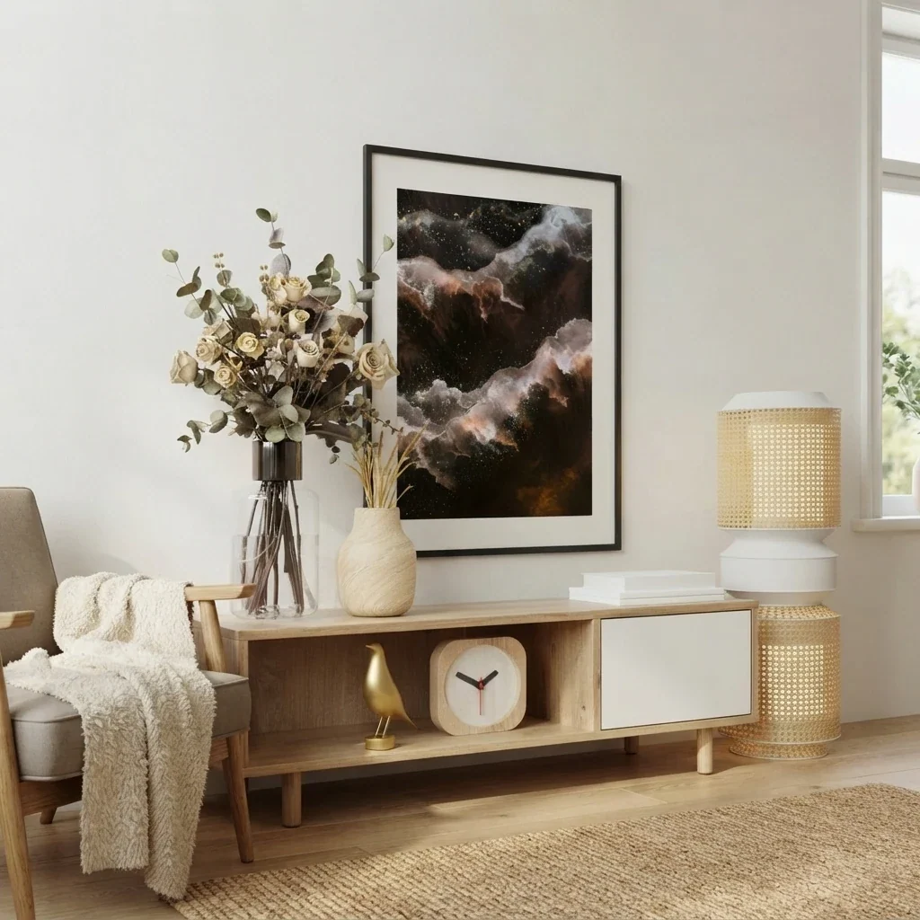Neutral living room with one large framed abstract print centred above a low oak console, a vase of dried flowers to the left and two rattan lamps to the right