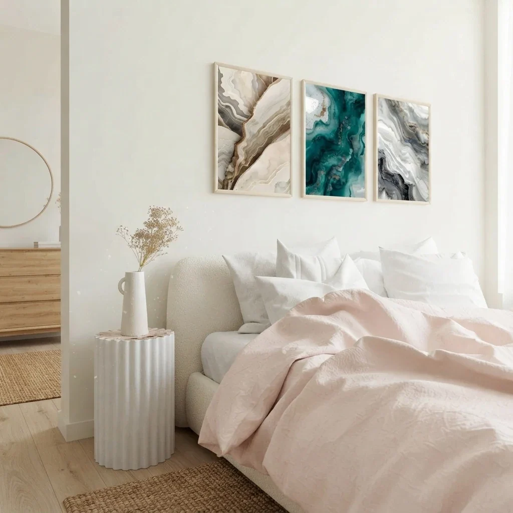 Bedroom with three framed prints in pale wood frames hung in a row above a bed with white and blush bedding and fluted white side tables
