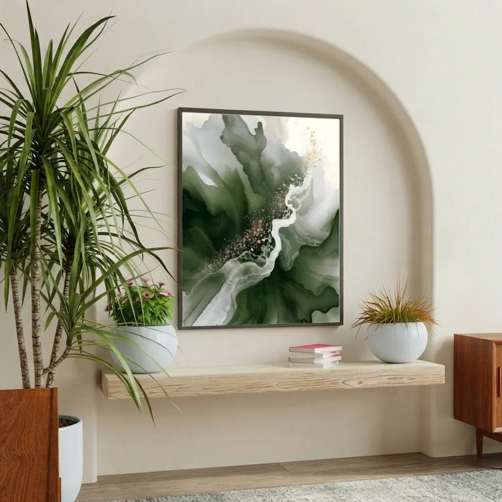 Framed green abstract print propped on a pale wood bench inside an arched plaster niche, with a tall dracaena and small potted plants on either side