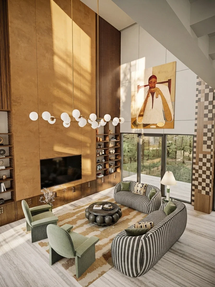 The same double height living room from half a step further back, showing more of the checkerboard floor and the seating, with the framed painting still high on the ochre wall