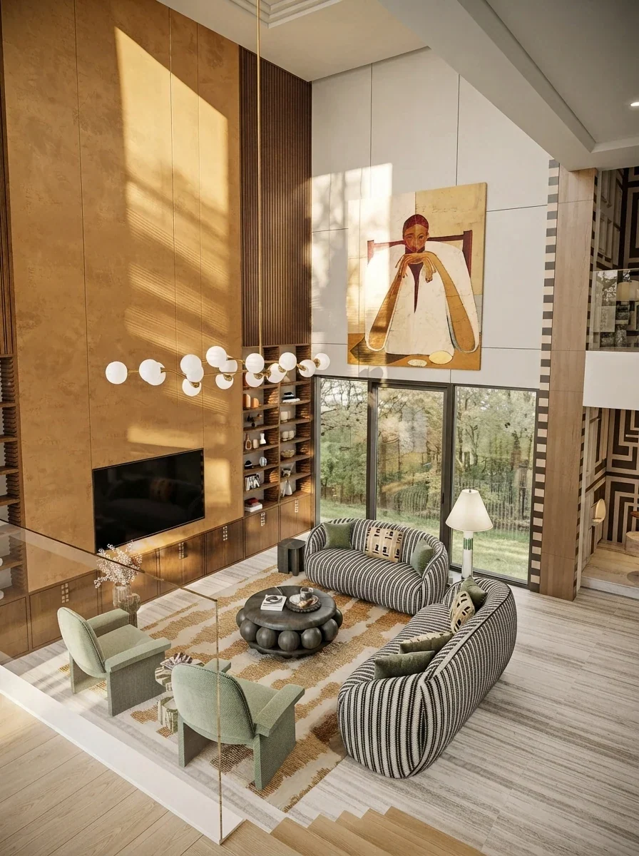Double height living room with a tall framed figure painting hung well above eye level on a warm ochre panelled wall, striped bouclé armchairs and a bubble coffee table below