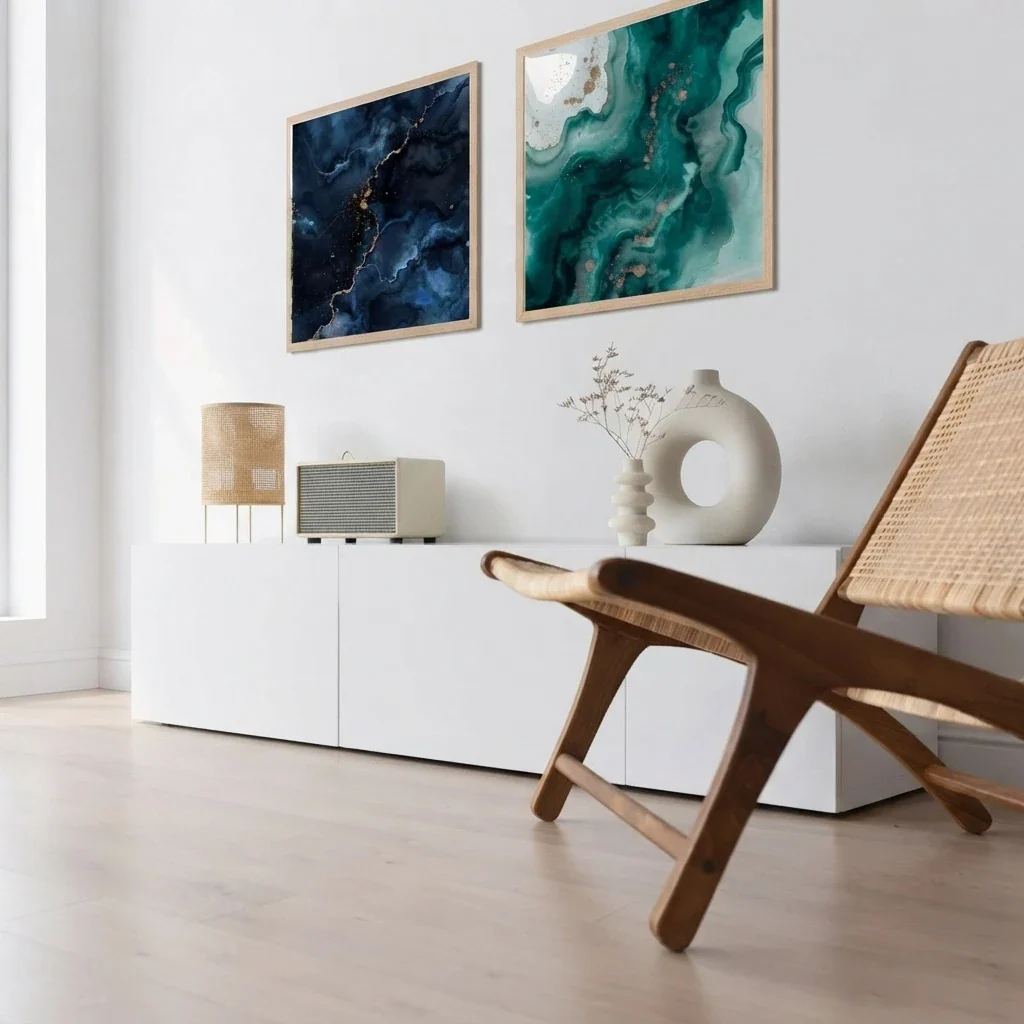 Two framed abstract prints with wide pale mat borders hung above a white sideboard, with a cane lounge chair and small ceramic objects on the shelf below