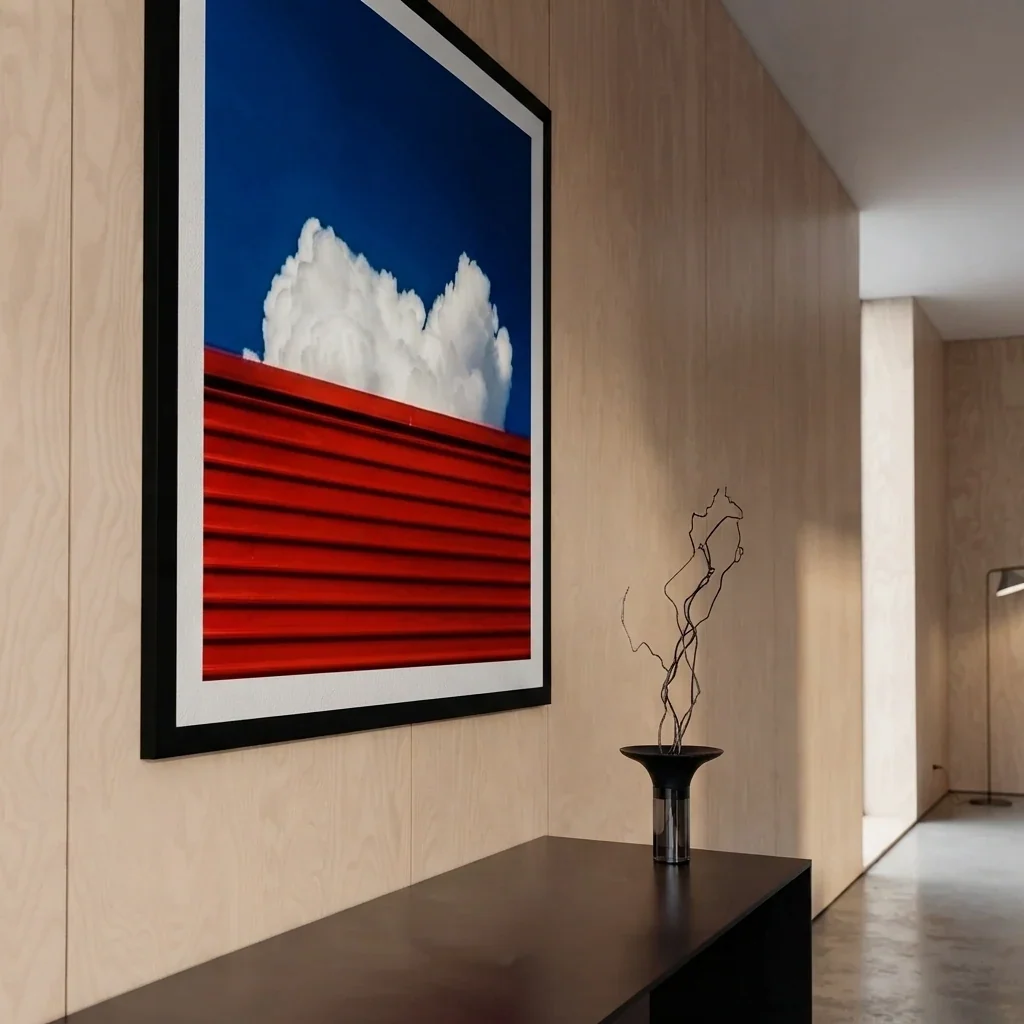 The same oversized framed graphic print seen from an angle down the room, showing the depth of the frame against the timber panelling and a second smaller frame further along the wall