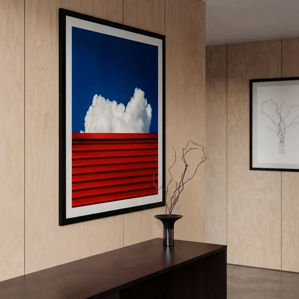 Close view of one oversized framed graphic print of a red and blue sky hung on a pale timber panelled wall, with a dark console table and a bare branch in a vase beneath it