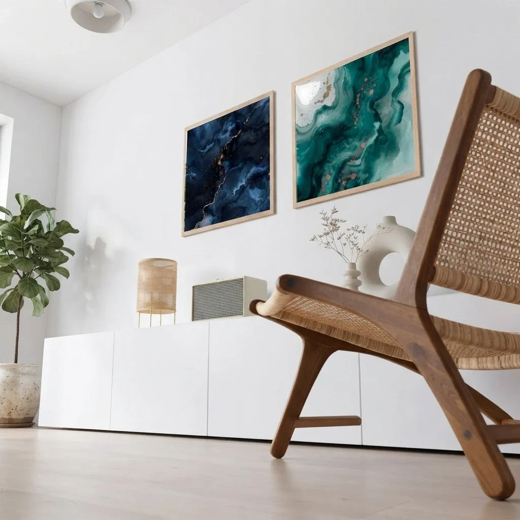 Two large square framed abstract prints hung side by side above a white low sideboard, with a cane lounge chair in front