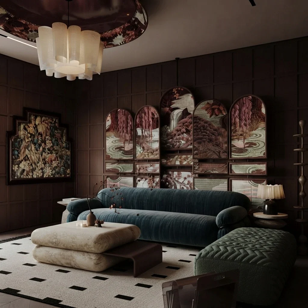 Dark panelled living room with a salon hung wall of framed antique prints filling the wall behind a teal velvet sofa, with a patterned rug and a burgundy ceiling disc