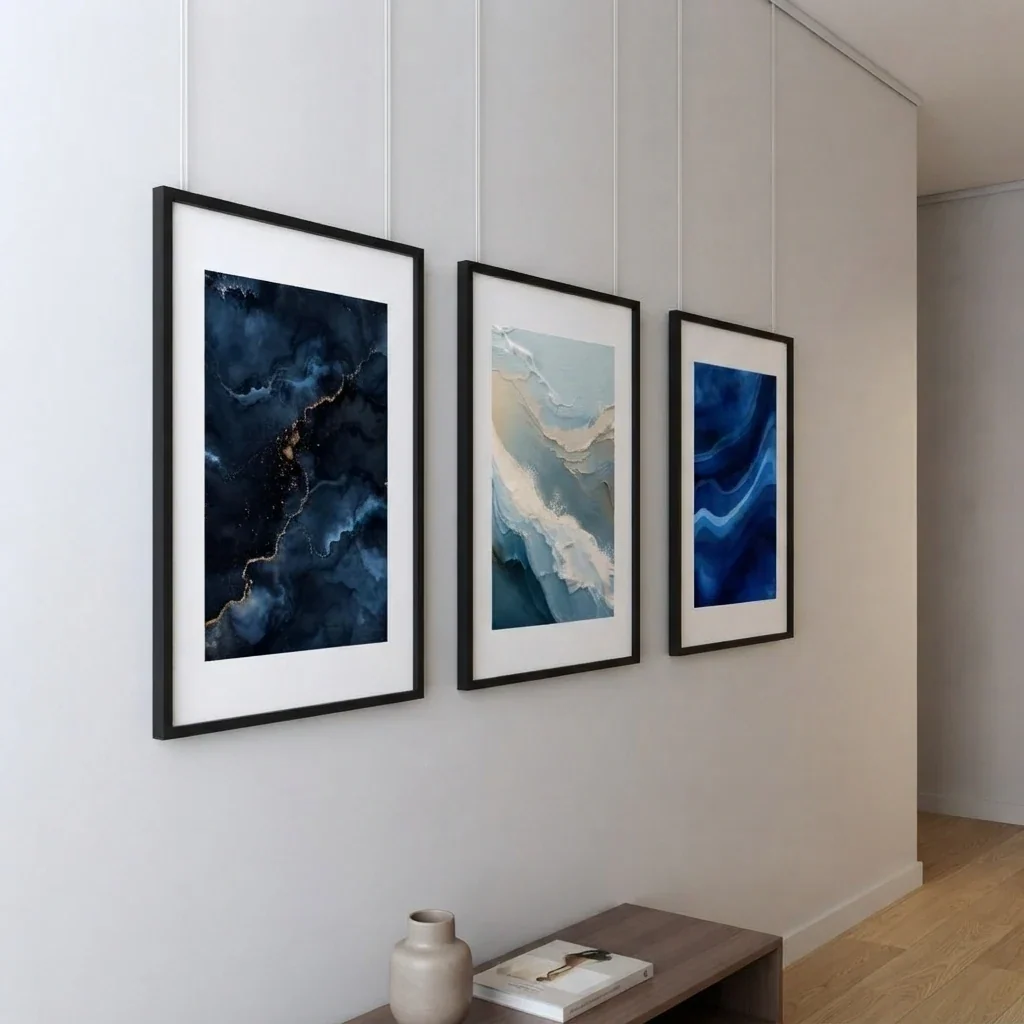 Three framed abstract prints in dark thin frames hung in a row at the same height on a plain white wall above a low bench