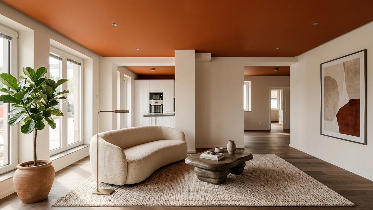 Sophisticated modern open-plan living room with a bold burnt orange terracotta painted statement ceiling, curved boucle sofa, sculptural wood coffee table, jute rug and large plant