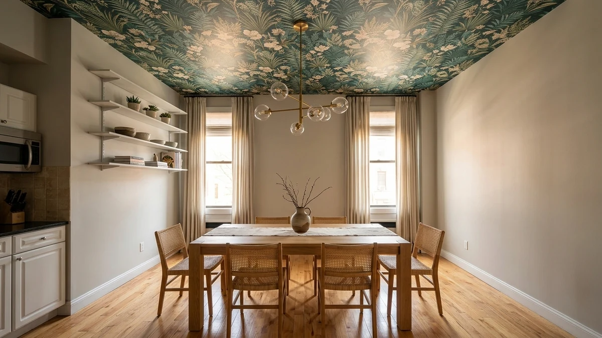 Dining room with a patterned botanical wallpapered ceiling, pendant light, wooden dining table and chairs, and neutral walls, demonstrating ceiling wallpaper as a fifth wall statement