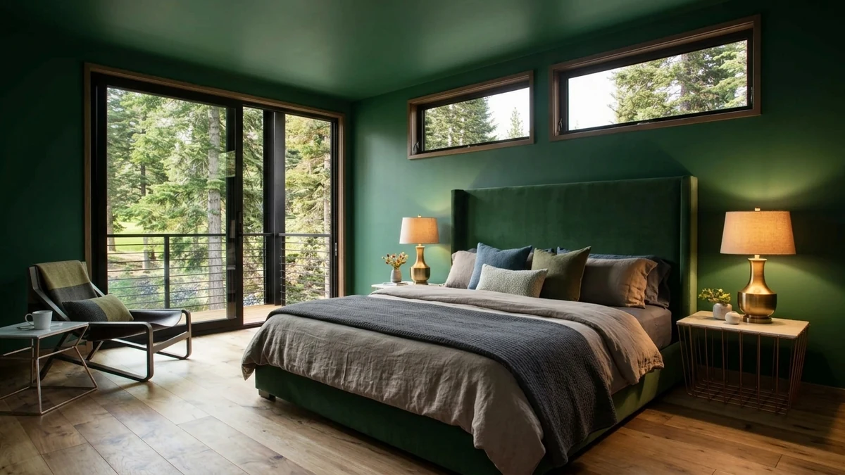 Cozy bedroom color drenched in deep forest green across the walls and ceiling, with warm bedside lamps, layered bedding, and brass accents, showing how a matching ceiling makes a room feel enveloping