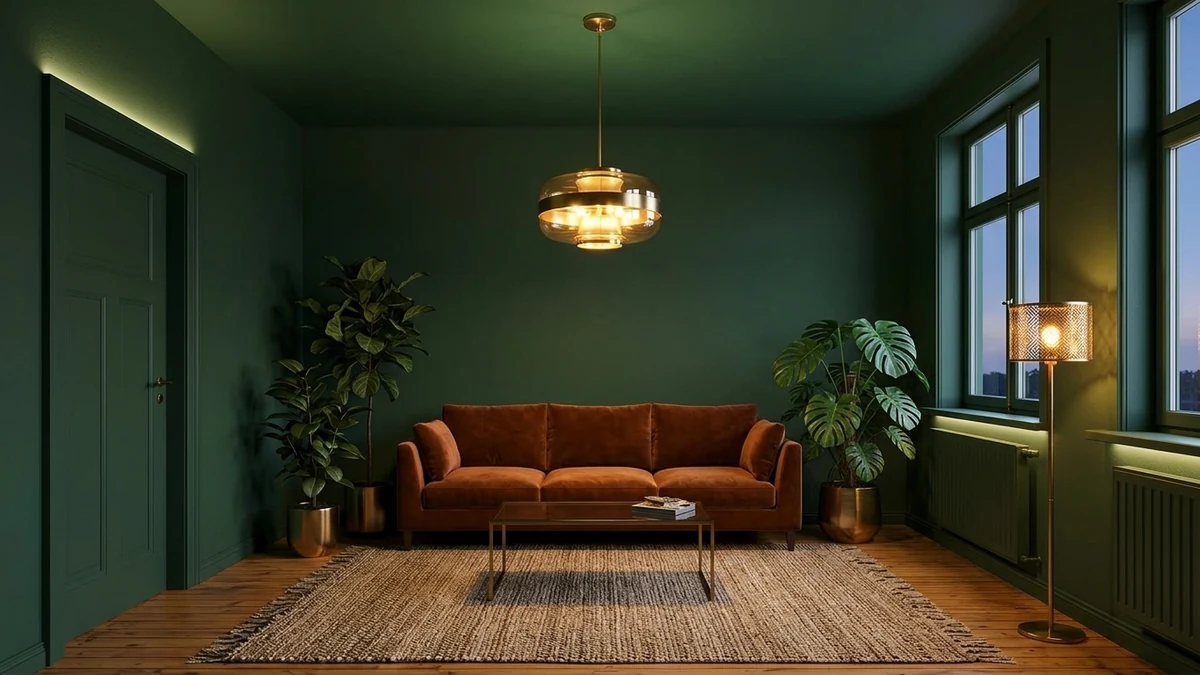 Elegant living room with a deep forest green color-drenched statement ceiling and walls, warm brass pendant light, layered lighting, velvet sofa, and large plants demonstrating the 2026 fifth wall trend
