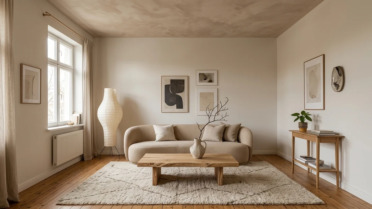 Serene warm minimalist living room with a soft clay limewash plaster statement ceiling with cloudy depth, a curved sand boucle sofa, chunky wood coffee table, soft rug, and paper lantern lamp
