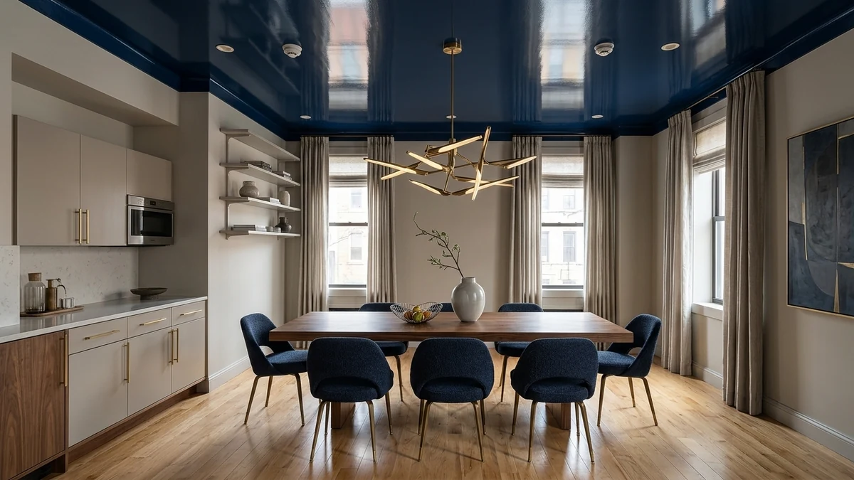 Refined modern dining room with a high-gloss lacquered deep navy ceiling reflecting the windows, walnut dining table, navy upholstered chairs with brass legs, and a sculptural brass pendant