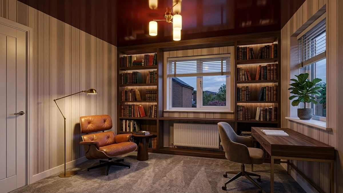 Elegant modern study and library with a glossy lacquered deep red statement ceiling reflecting warm light, dark wood built-in bookshelves, a tan leather lounge chair, sleek desk and brass floor lamp