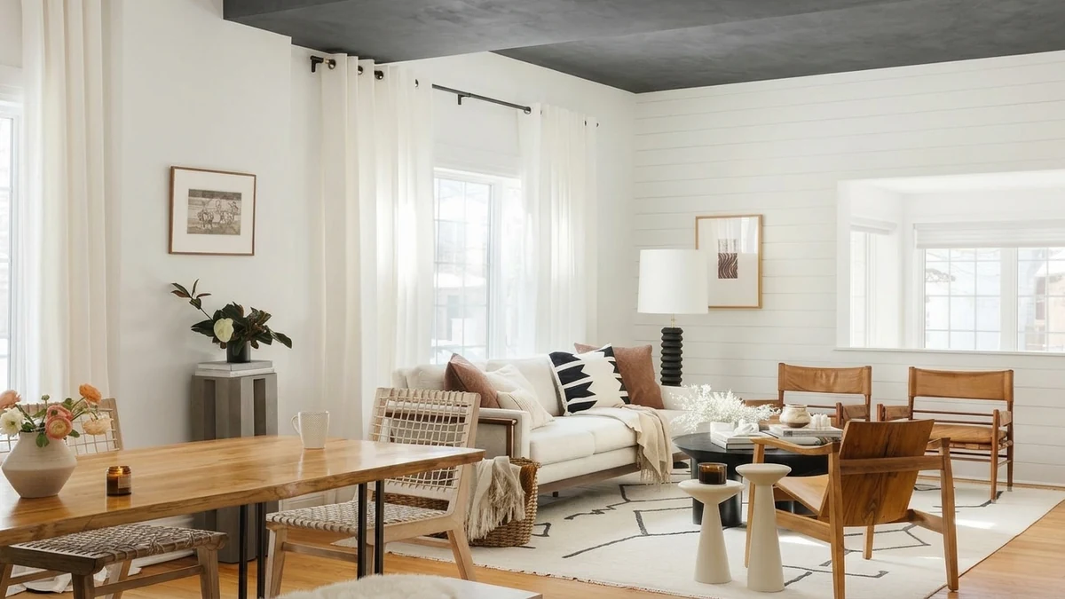 The same modern living-dining room with a soft charcoal limewash plaster ceiling for an understated moody effect