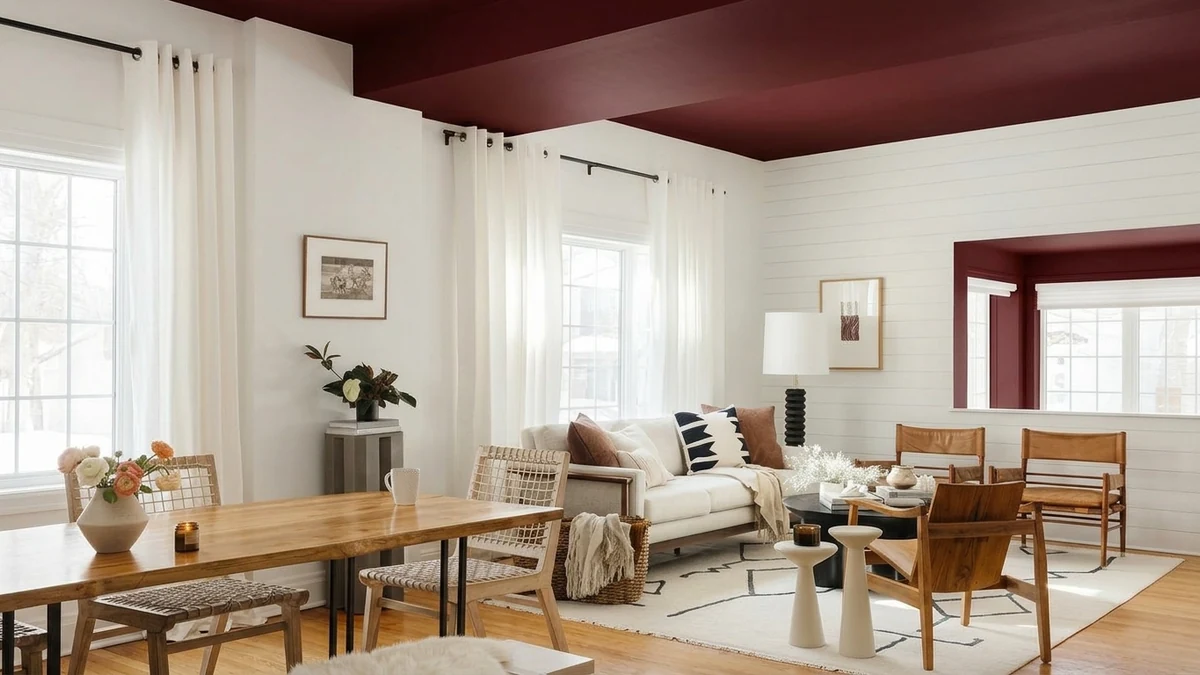 The same modern living-dining room with a deep oxblood red statement ceiling, creating drama while the furniture and walls stay identical