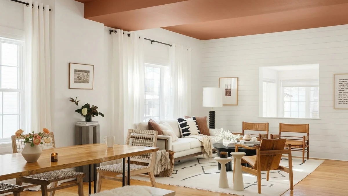 Bright modern Scandinavian living-dining room with a warm matte terracotta painted statement ceiling, white shiplap walls, linen sofa, woven chairs and wood dining table