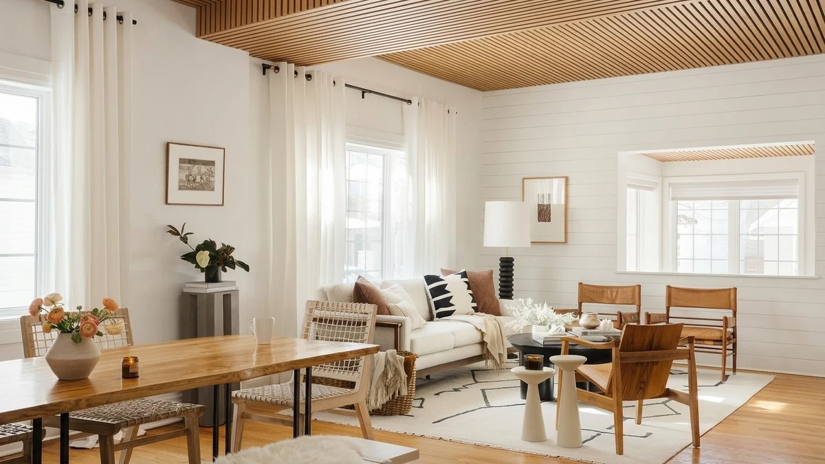 The same modern living-dining room with a warm natural oak slatted timber ceiling, adding architecture and a Japandi warmth