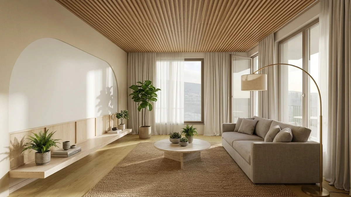 Warm modern Japandi living room with a natural oak slatted timber statement ceiling, neutral linen sofa, round travertine coffee table, jute rug and brass arc lamp