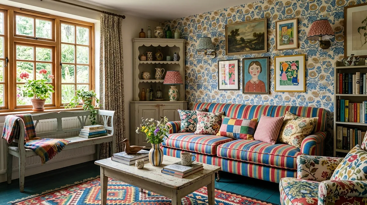 A playful characterful living room designed in Beata Heuman's style using MeltFlex AI: bold colour and pattern, whimsical Swedish-British details, scalloped touches and vintage finds