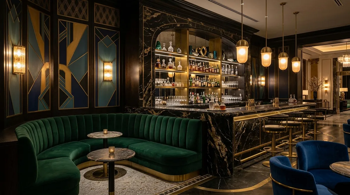A glamorous Art Deco influenced bar designed in David Collins Studio's style using MeltFlex AI: jewel tones, brass, marble and a curved velvet banquette under moody lighting
