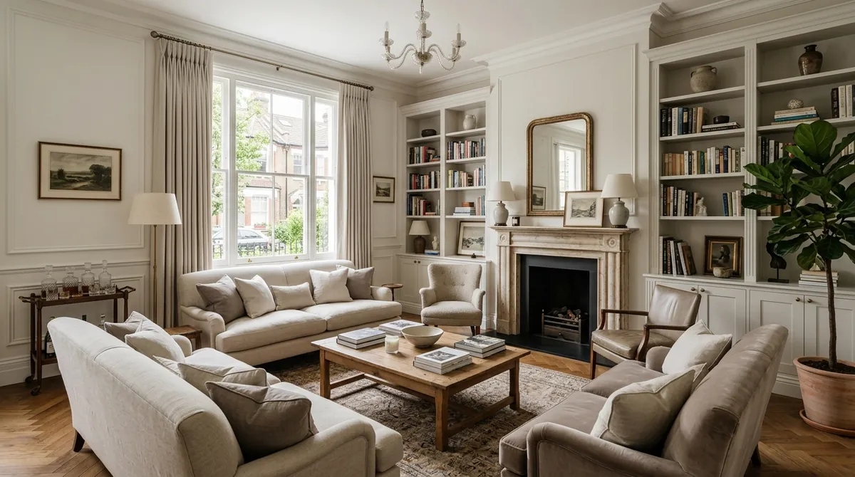 A liveable timeless luxury London townhouse living room designed in Helen Green Design's style using MeltFlex AI: refined neutral palette, classic mouldings and understated comfort