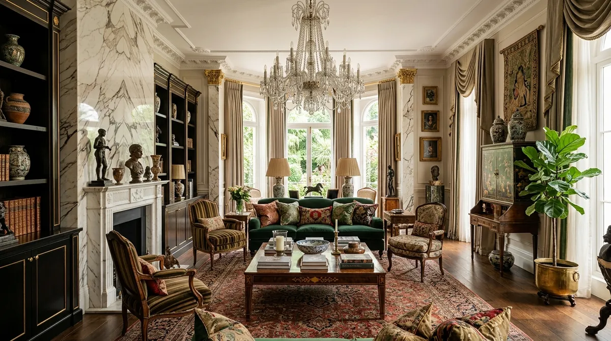 An opulent layered drawing room designed in Katharine Pooley's style using MeltFlex AI: bookmatched marble, lacquered cabinetry, a statement chandelier and richly collected detail