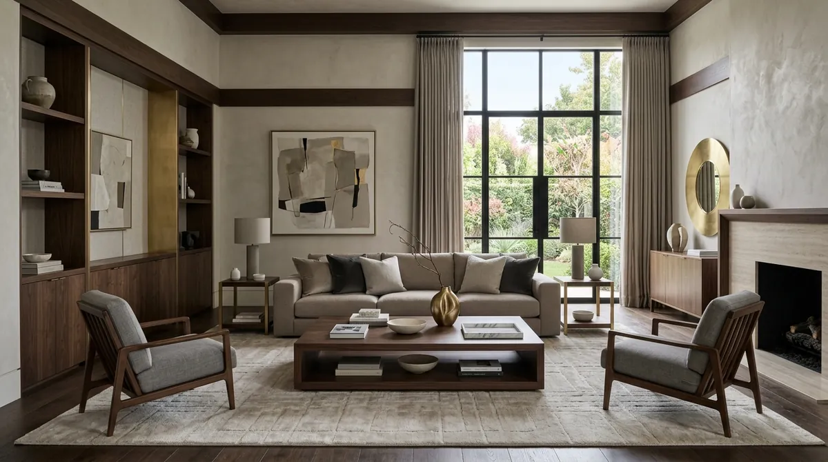 A living room designed in Kelly Hoppen's neutral, East-meets-West style using MeltFlex AI: taupe and greige tones, a low sofa, dark wood and brushed gold accents