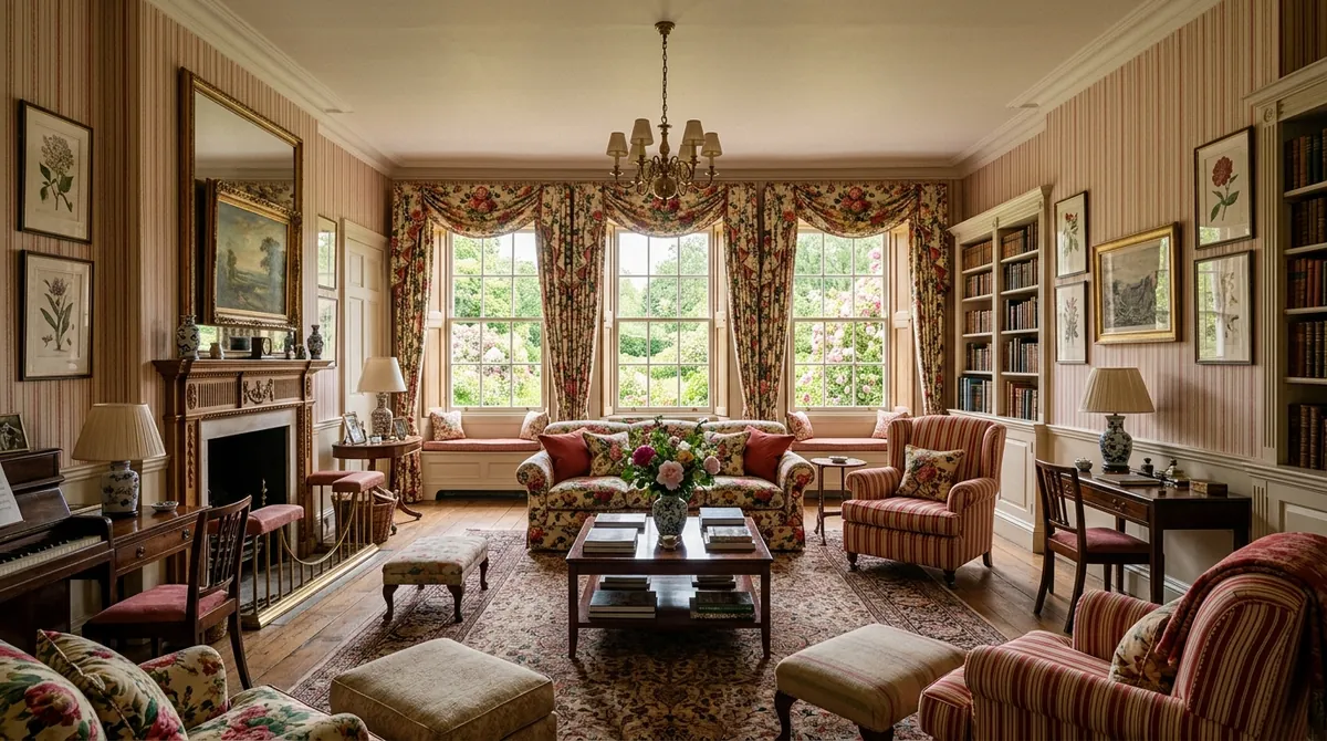 A classic English decorative drawing room designed in Nina Campbell's style using MeltFlex AI: pattern and colour, reimagined chintz, florals and stripes, antiques and timeless British decoration