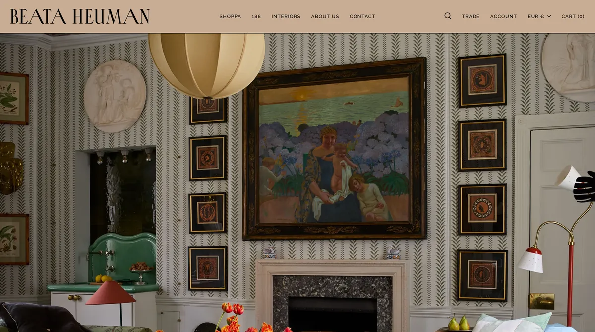 Screenshot of the Beata Heuman website showing a colourful, characterful interior