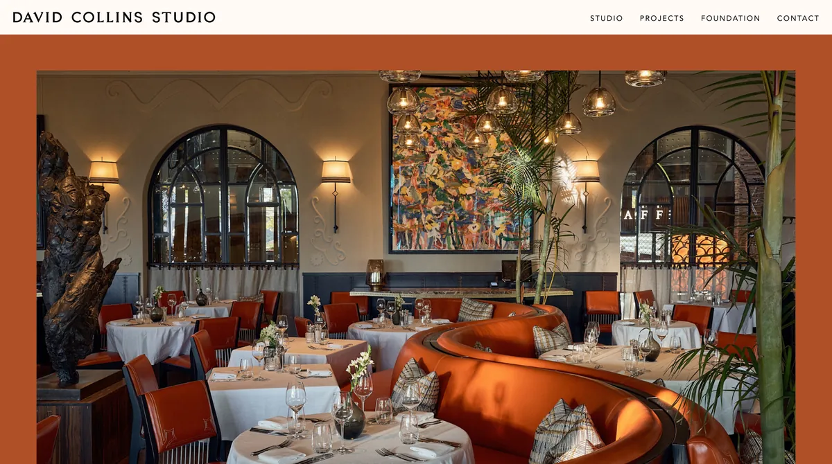 Screenshot of the David Collins Studio website showing a richly designed restaurant interior