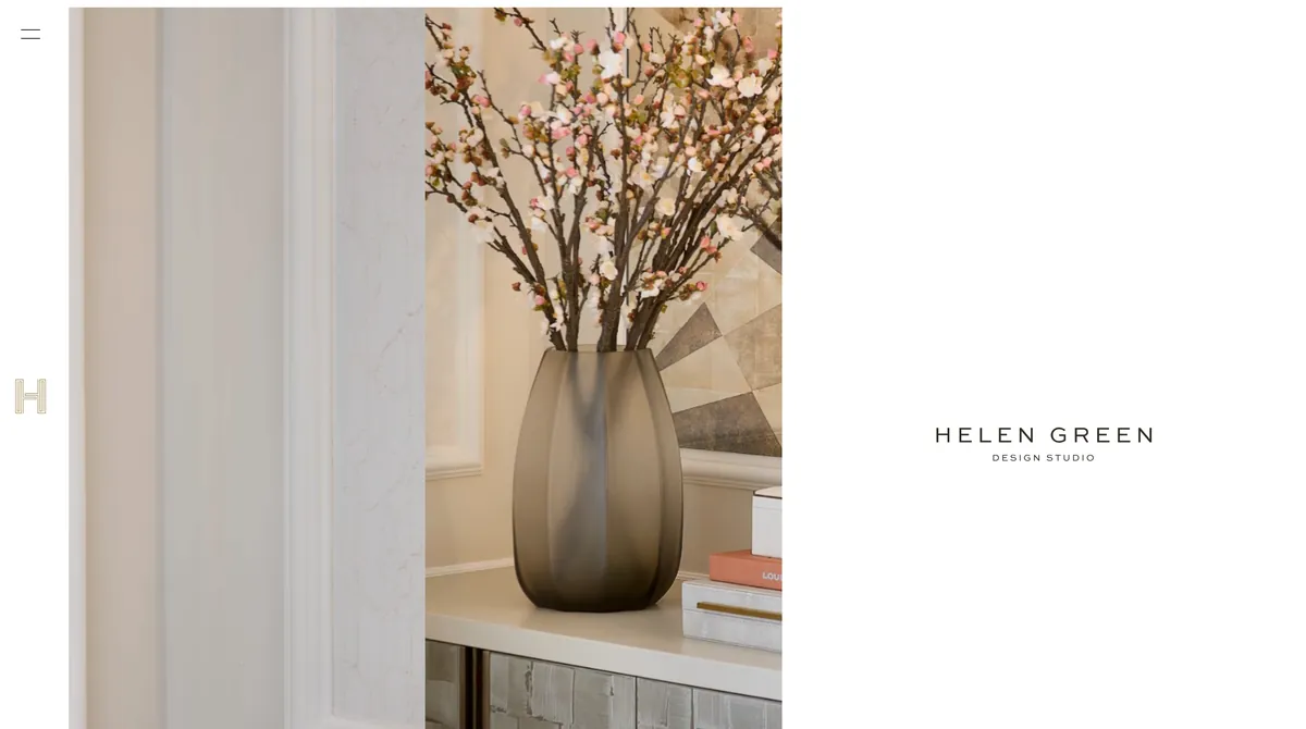 Screenshot of the Helen Green Design website showing a refined neutral interior with a marble console