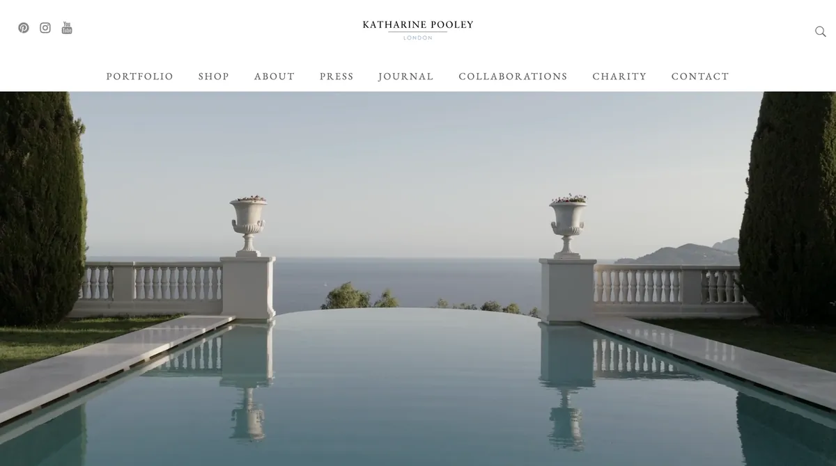 Screenshot of the Katharine Pooley website showing a luxury property with an infinity pool
