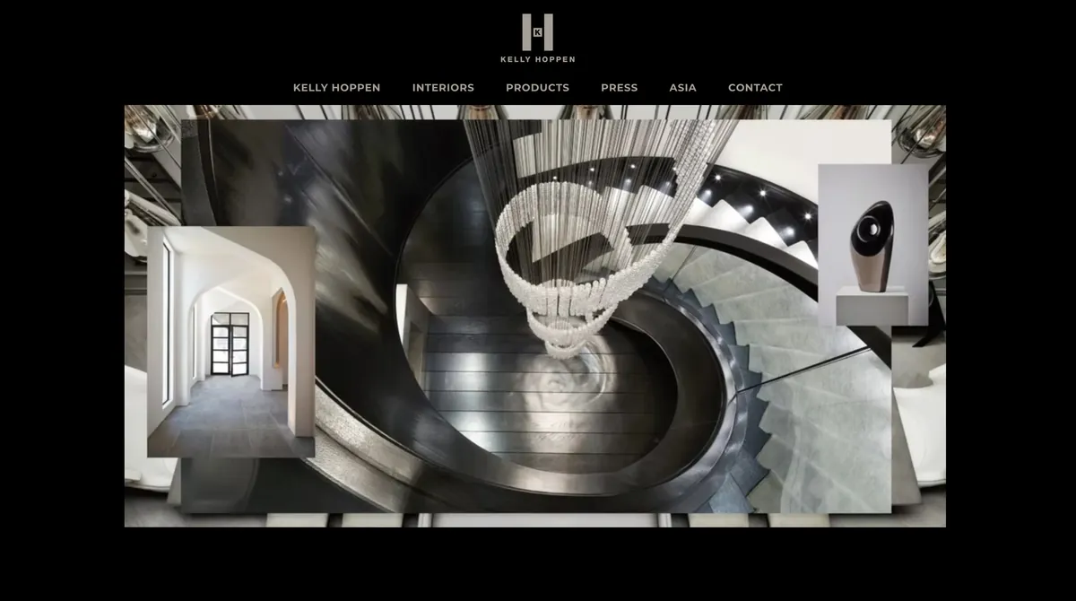 Screenshot of the Kelly Hoppen website homepage showing a sculptural spiral staircase interior