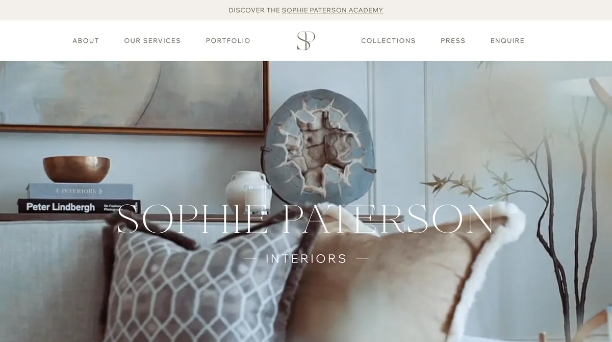 Screenshot of the Sophie Paterson Interiors website showing a warm neutral interior detail