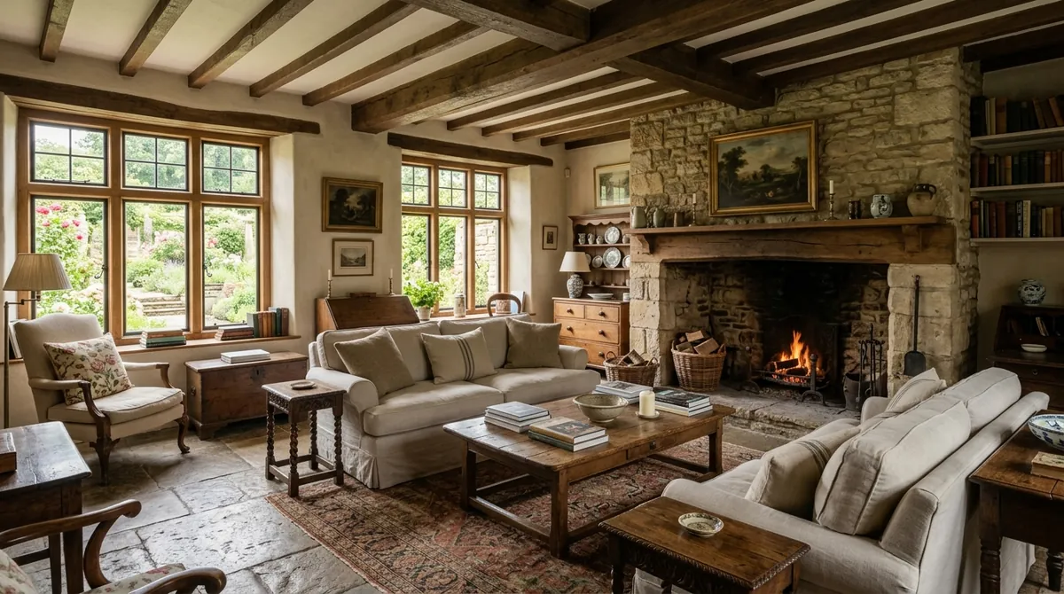 A relaxed English country sitting room designed in Sims Hilditch's style using MeltFlex AI: pale linen sofas, antique timber, exposed beams, a stone fireplace and soft natural light