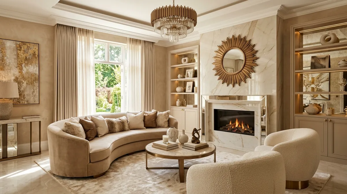 A warm glamorous living room designed in Sophie Paterson's style using MeltFlex AI: layered beige, bronze and cream with a marble fireplace, metallic accents and plush textures
