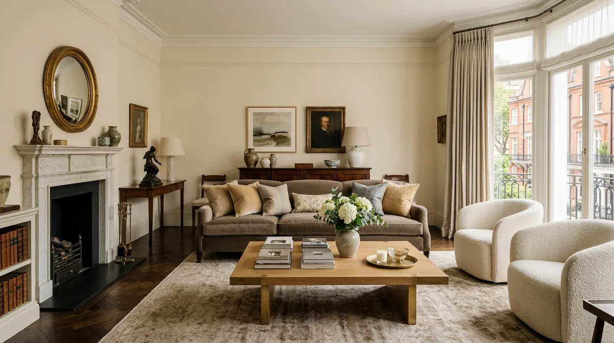 A soulful, elegant living room designed in Taylor Howes' style using MeltFlex AI: classic meets contemporary in a soft warm palette with layered fabrics