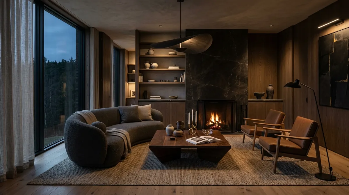 A bold tailored Scandinavian-luxe living room designed in Tollgard's style using MeltFlex AI: dark sophisticated palette, sculptural furniture and layered materials
