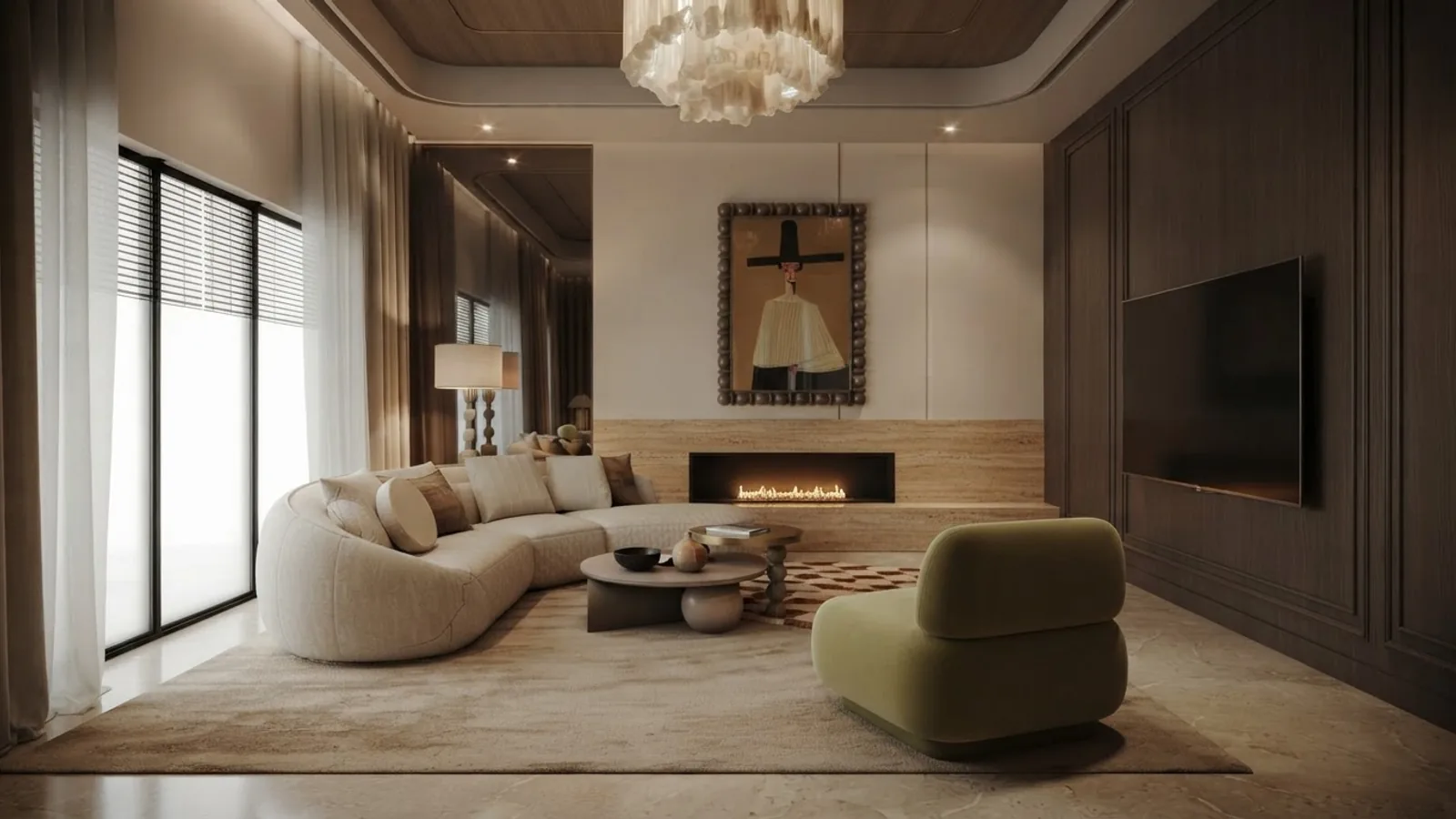 Living room render with the fireplace on the end wall left as a focal point with art above it, and the television mounted on the perpendicular wall beside it, with the seating angled to face between the two