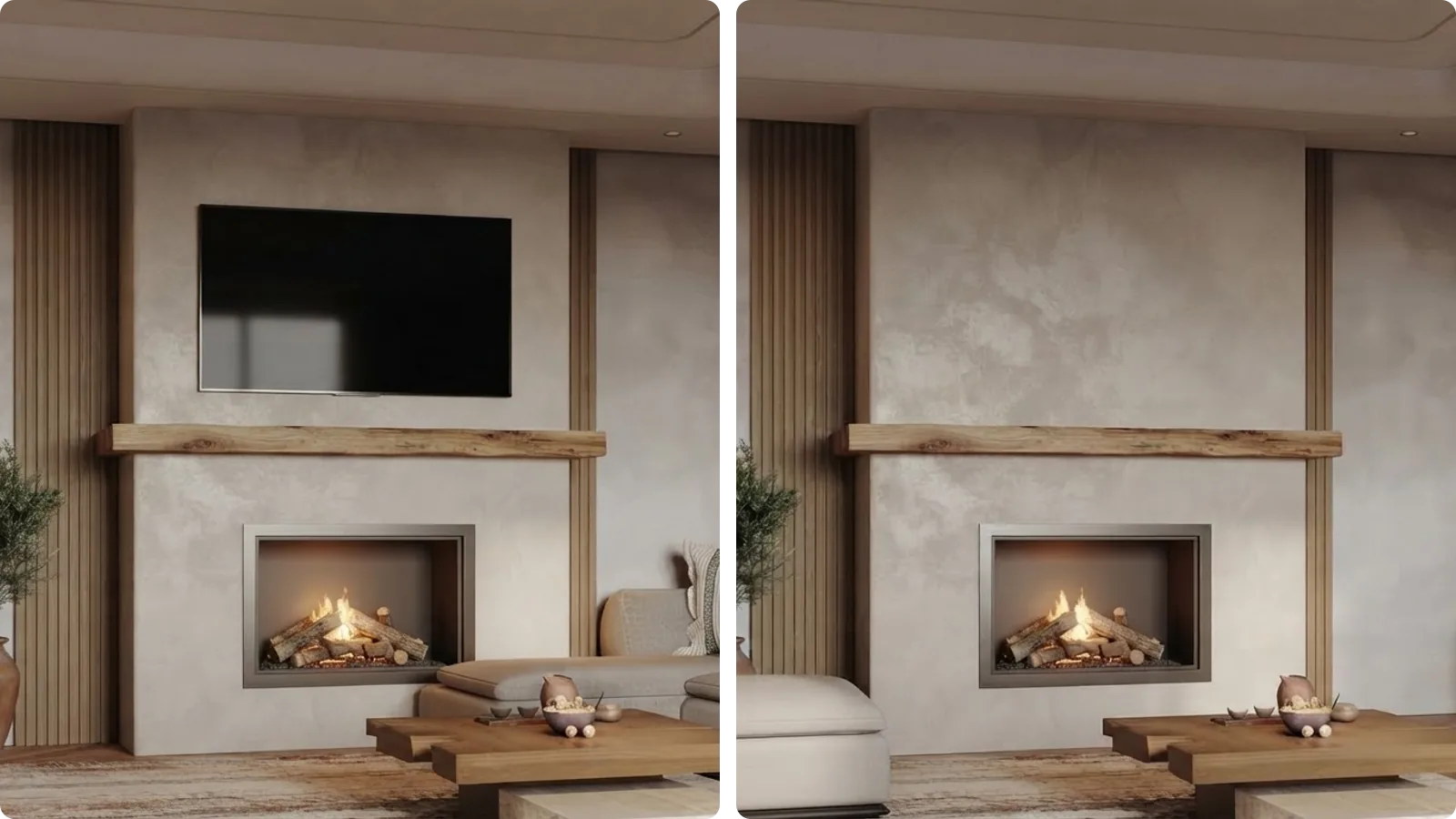 The same living room rendered twice from one camera position: on the left a large black television mounted above a timber mantel with a lit fire below it, on the right the identical wall with the television removed and the chimney breast bare