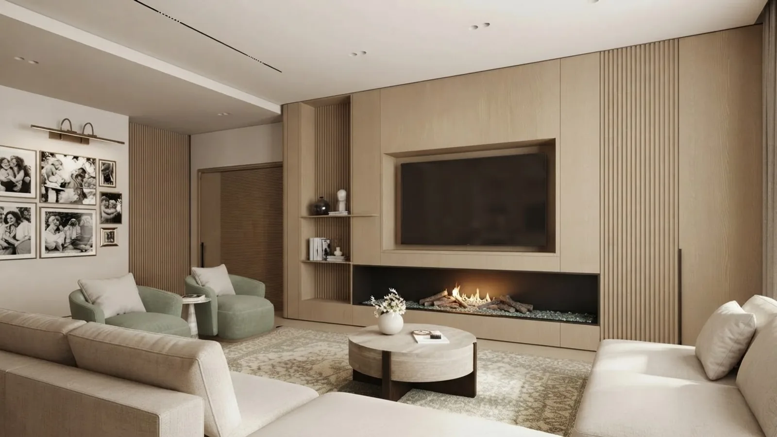Living room render with a long low linear gas fireplace set into a plastered wall at knee height and a television recessed into a shallow niche directly above it, its centre close to seated eye level