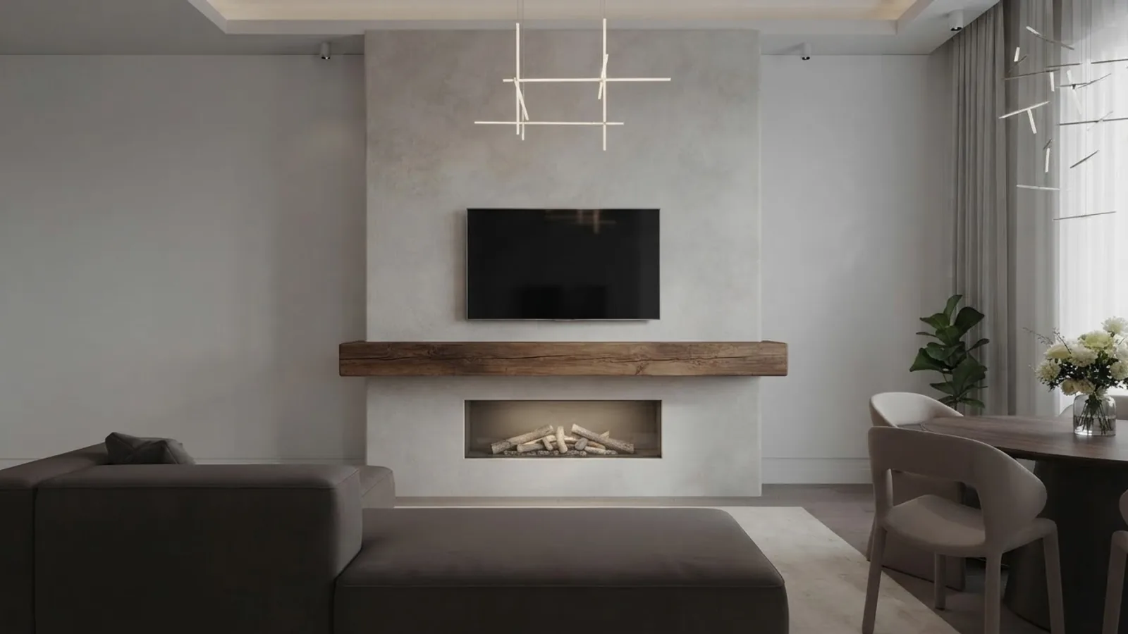 Living room render with a deep timber mantel shelf projecting from a plastered chimney breast above a low gas firebox, with a television mounted on the wall above the shelf