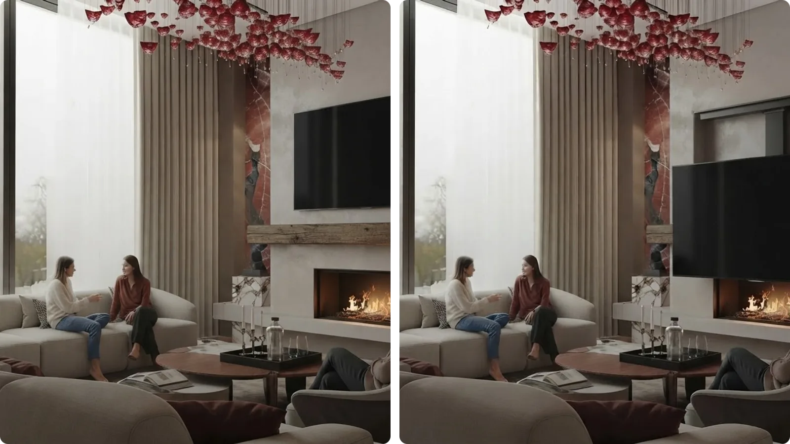 The same fireplace wall rendered twice: on the left the television stowed flat above the mantel, on the right the same television pulled down and forward on an articulated mount to sit in front of the chimney breast at seated eye level
