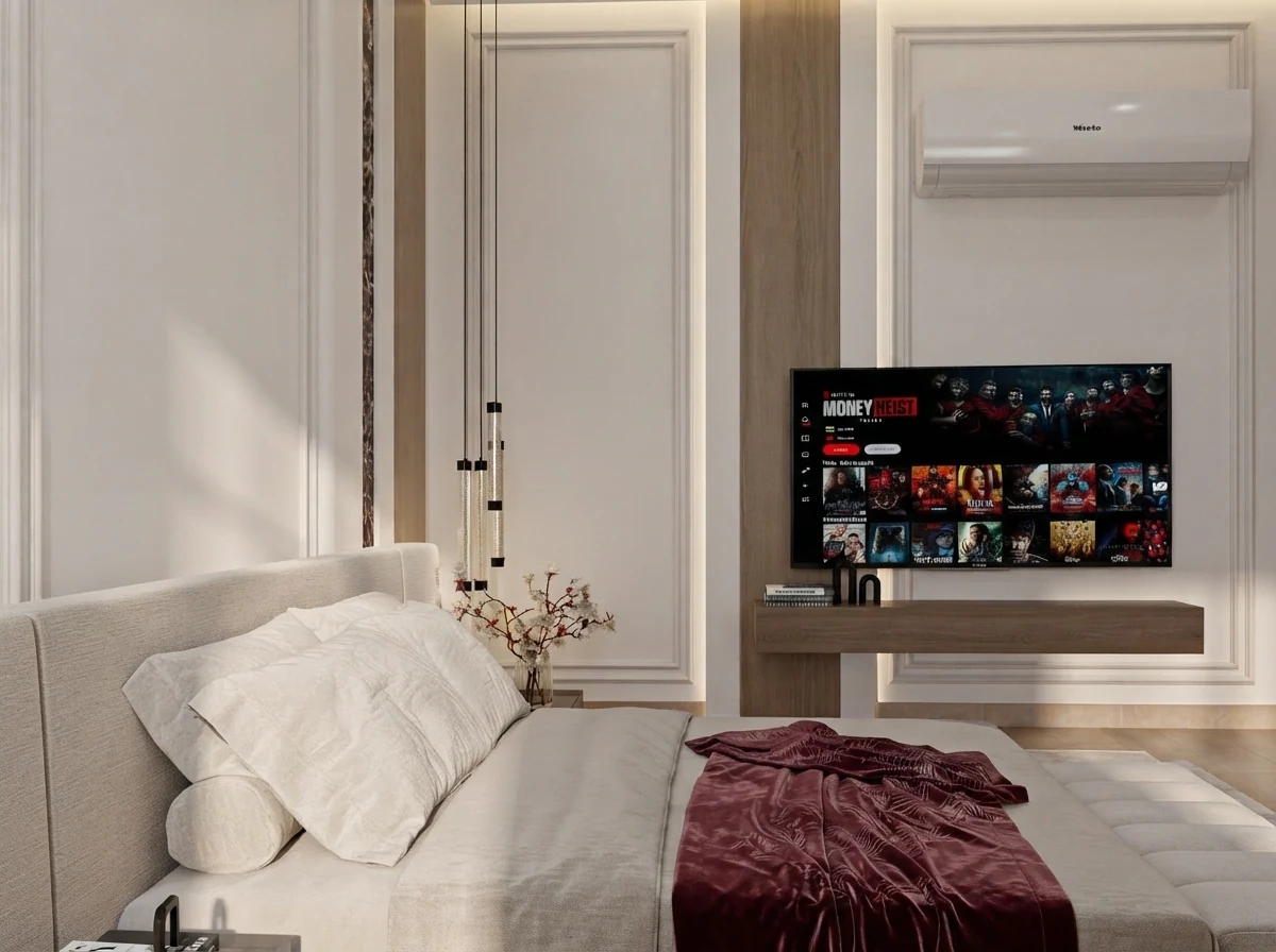 Classic cream bedroom render with a TV on a floating console opposite the bed, panelled walls and a burgundy throw on the bed